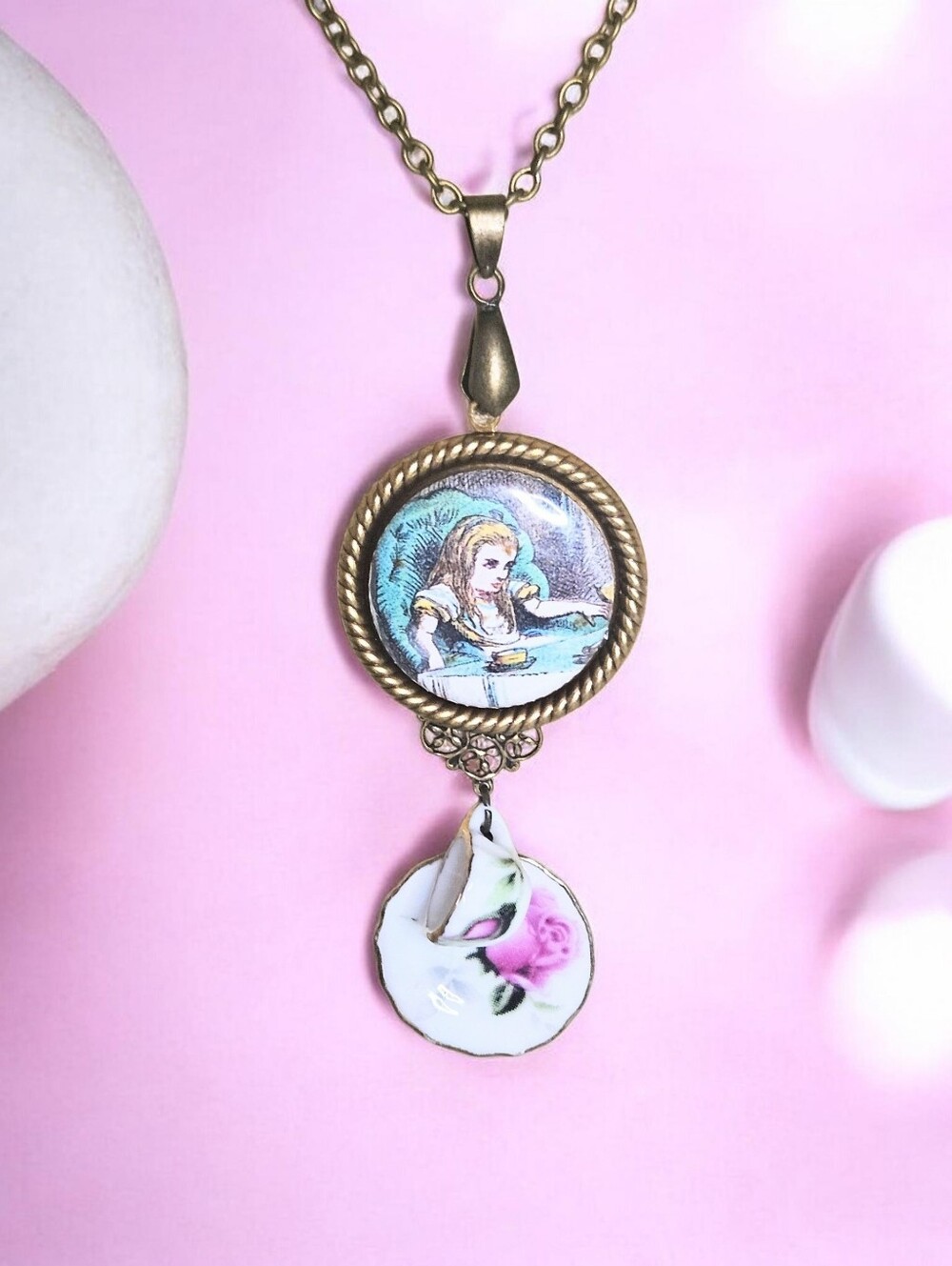 Vintage Style Handcrafted Alice and Wonderland Mad Hatter's Tea Party Necklace